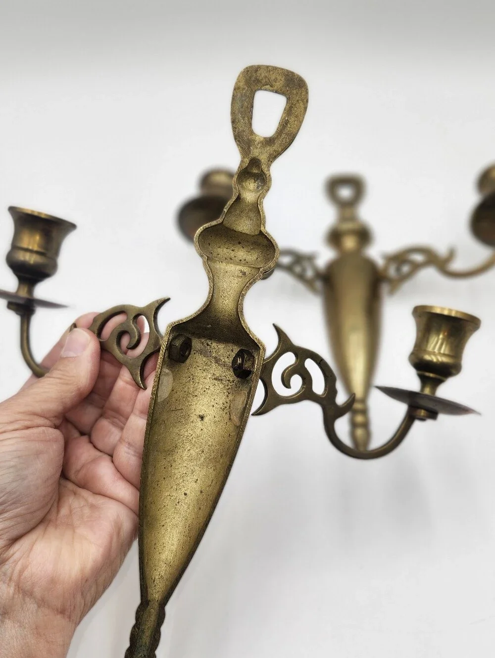 vintage antique brass double-arm wall sconces candle holder traditional colonial